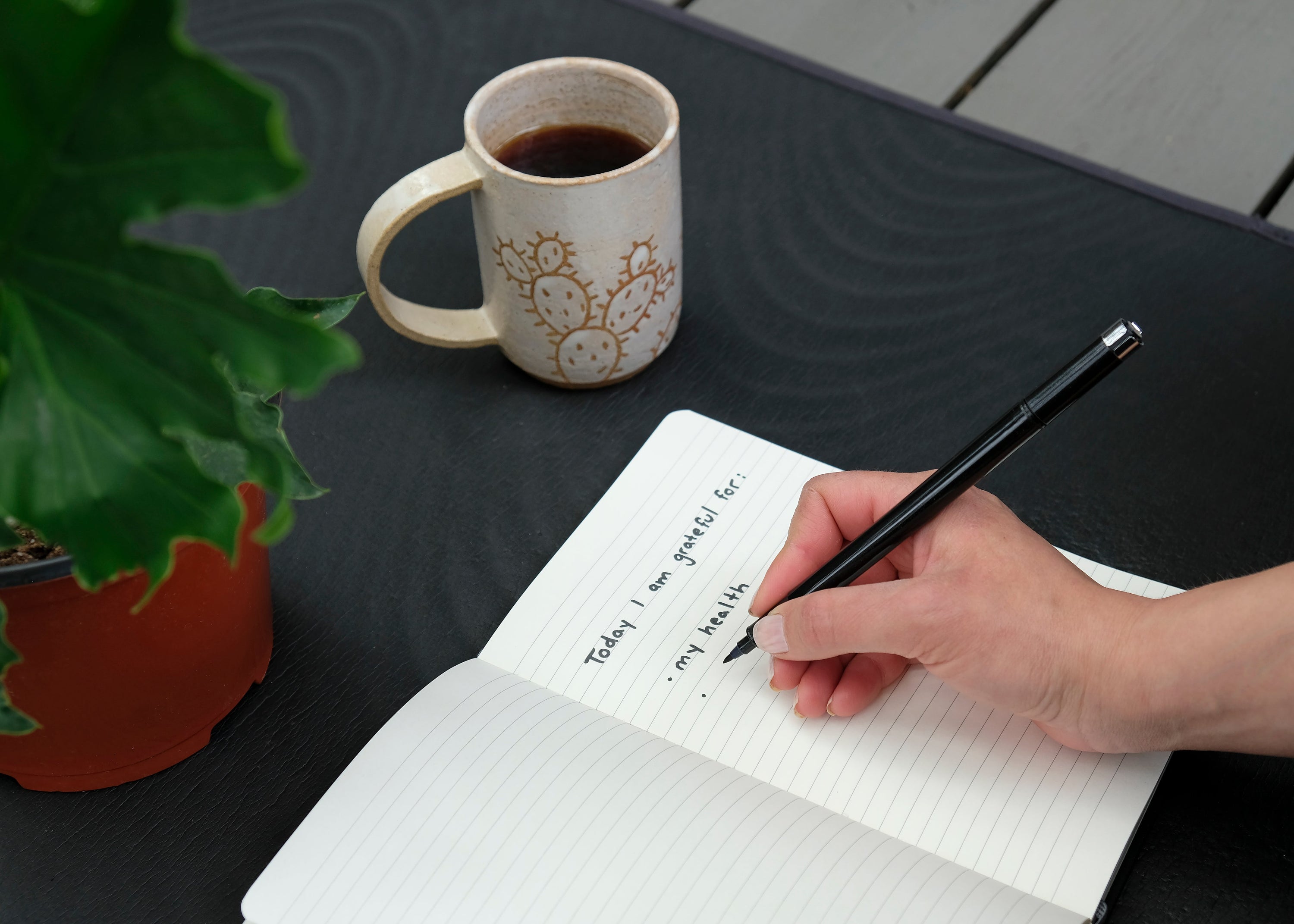 A hand writes 'Today I am grateful for my health' in a open notebook. There is a mug and a potted plant above the notebook.