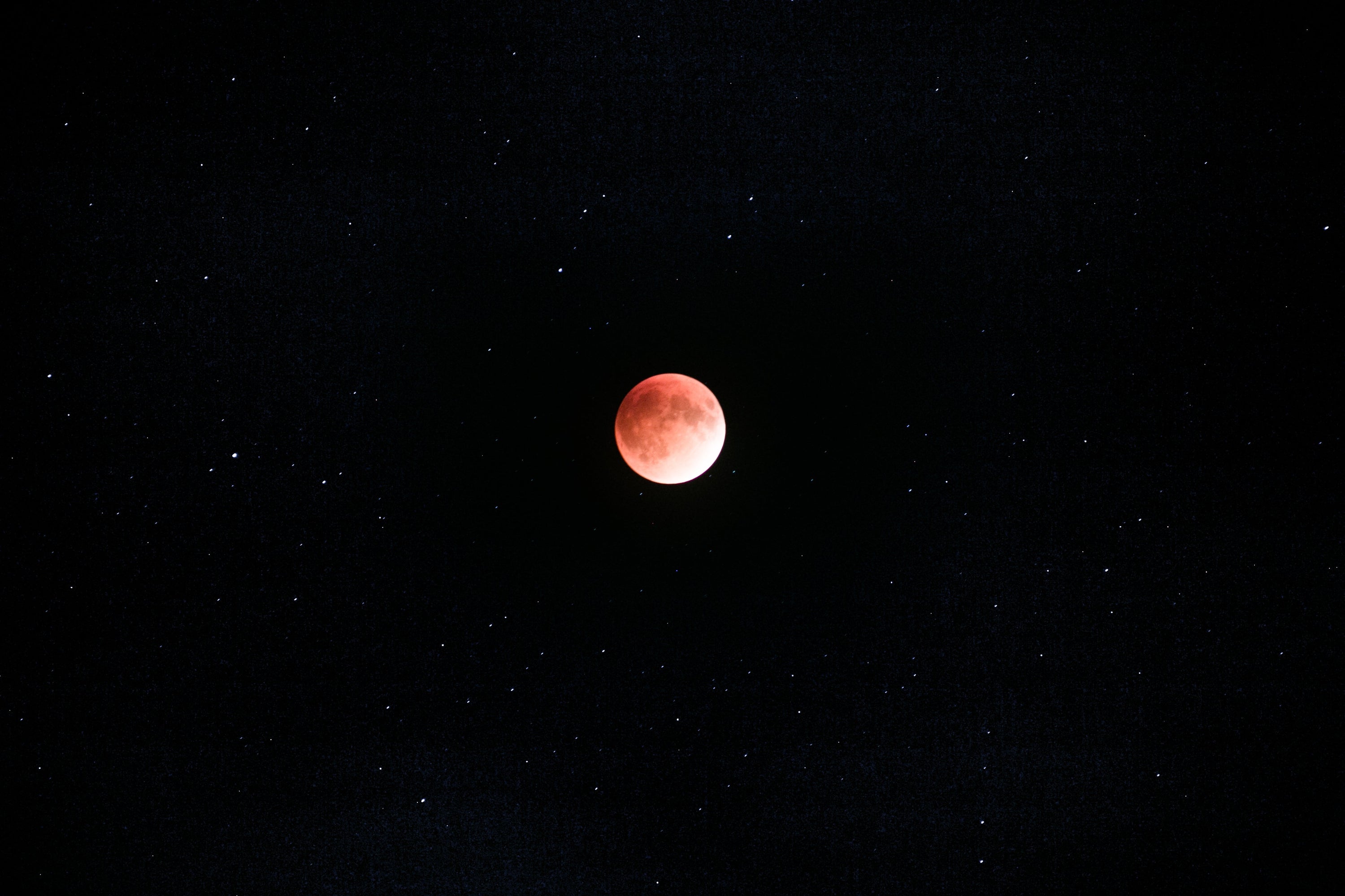 A reddish moon hangs amongst a night sky full of stars.