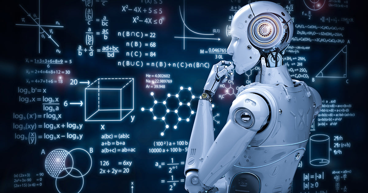 Robot in a thoughtful pose with a futuristic background of abstract elements, symbolizing innovation and the intersection of artificial intelligence and human creativity in reshaping industries like coffee.