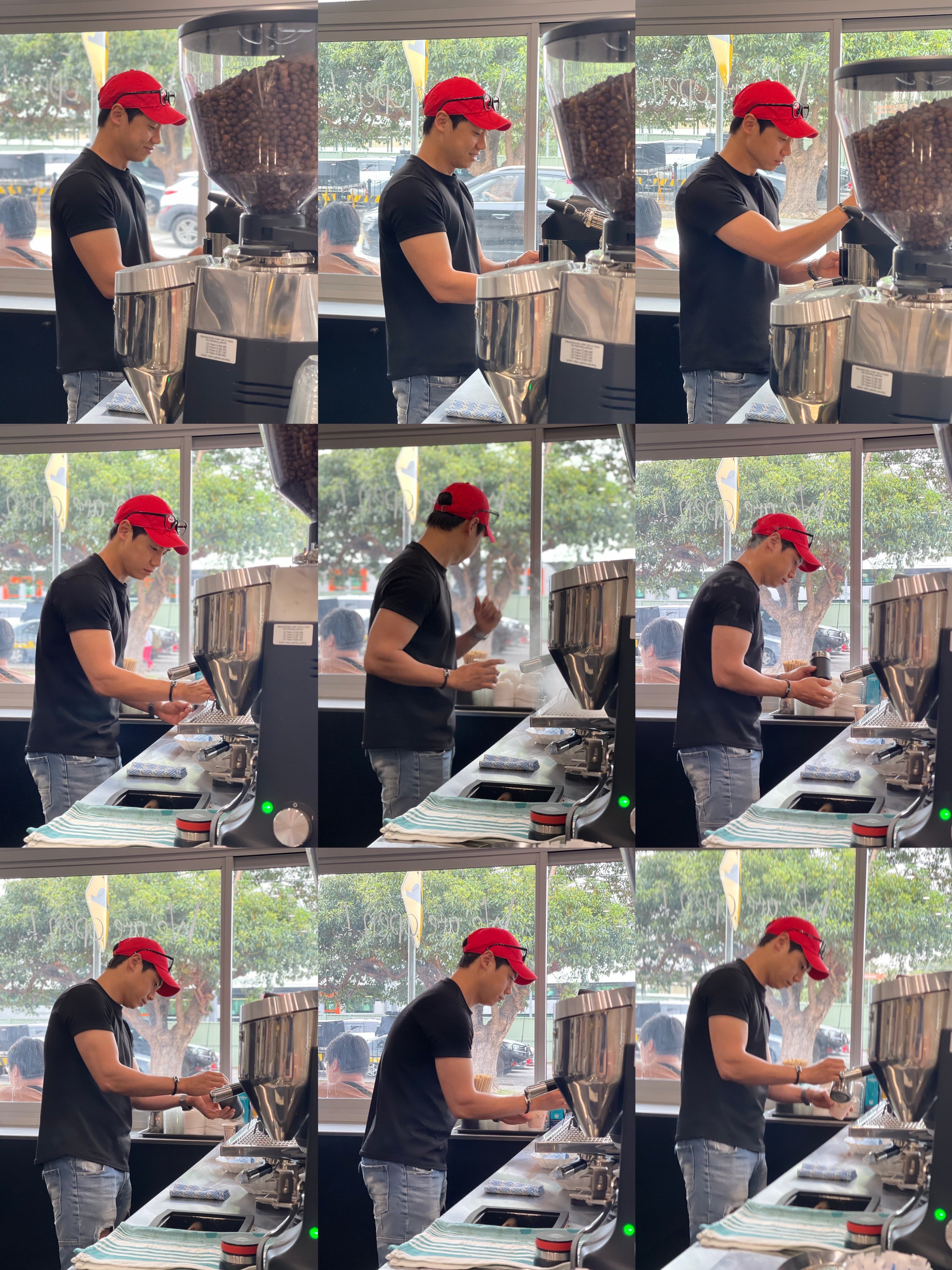 A barista making espresso in a photo collage