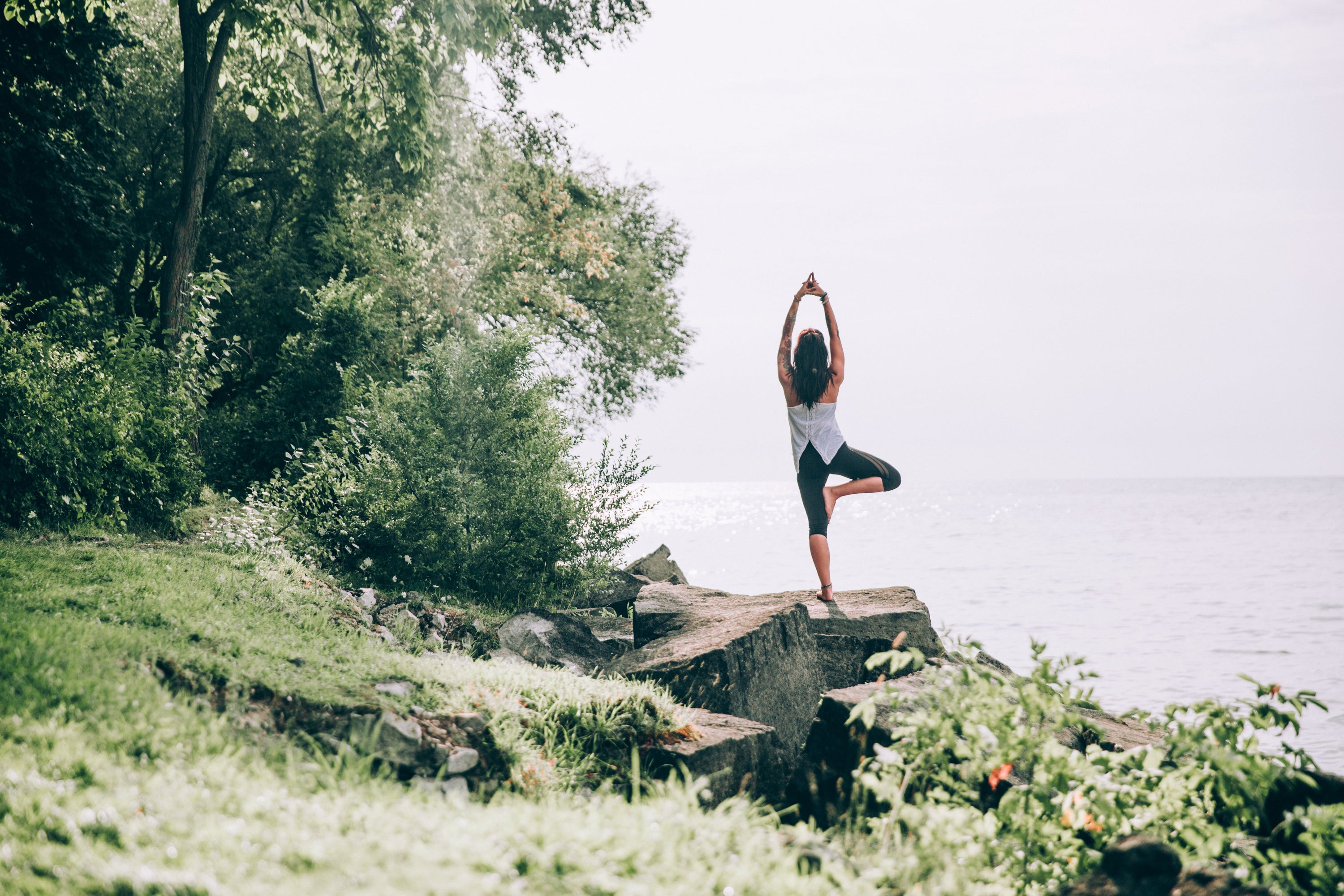 A woman does a Yoga tree pose outdoors on a rock overlooking the water.