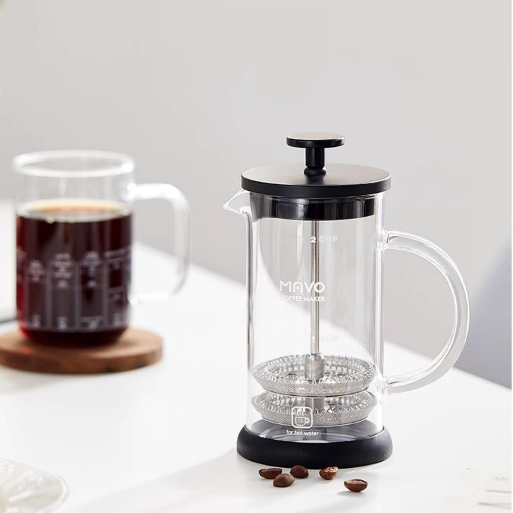 MAVO Double Filter French Press Coffee Maker (Black) - Premium High Borosilicate Glass