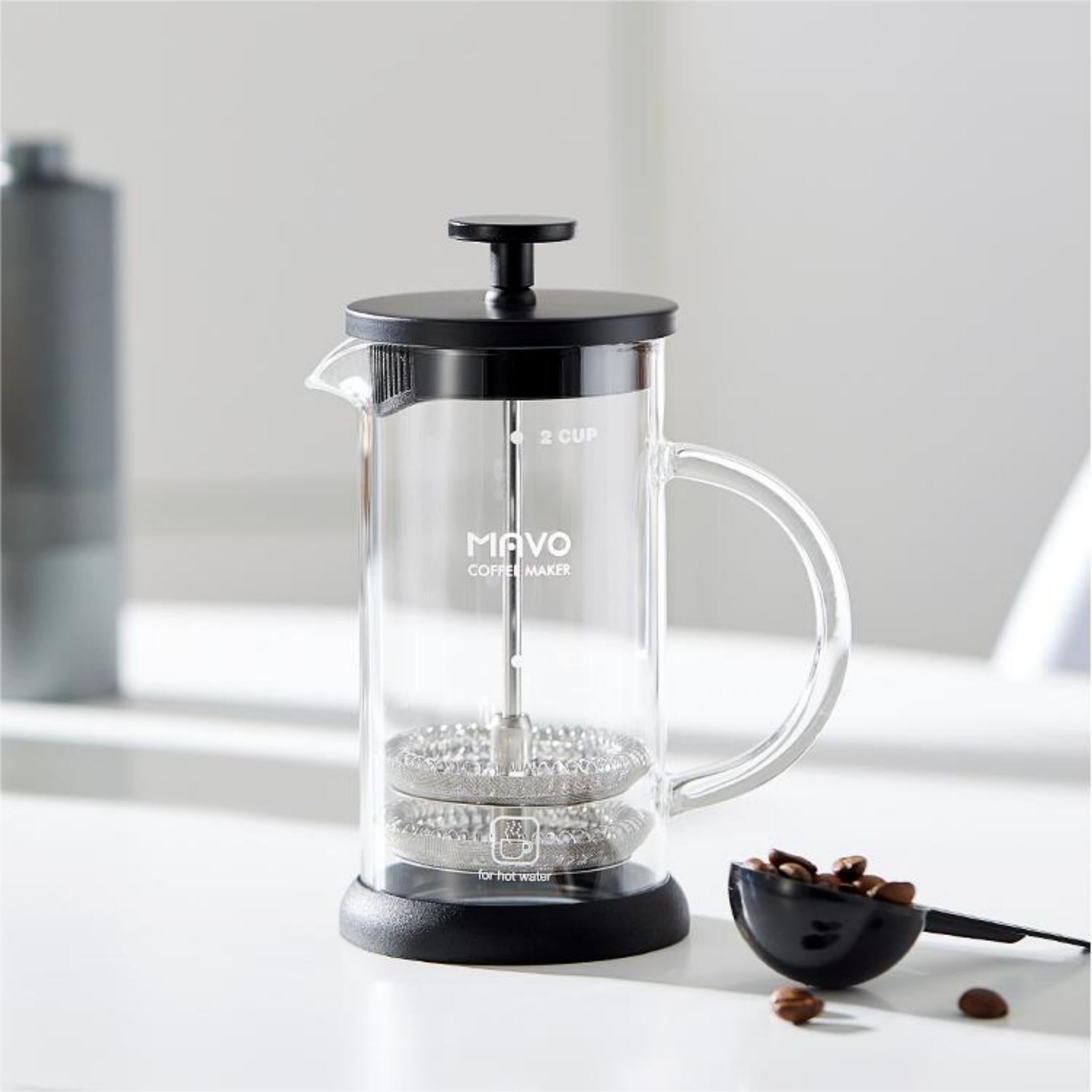 MAVO Double Filter French Press Coffee Maker (Black) - Premium High Borosilicate Glass