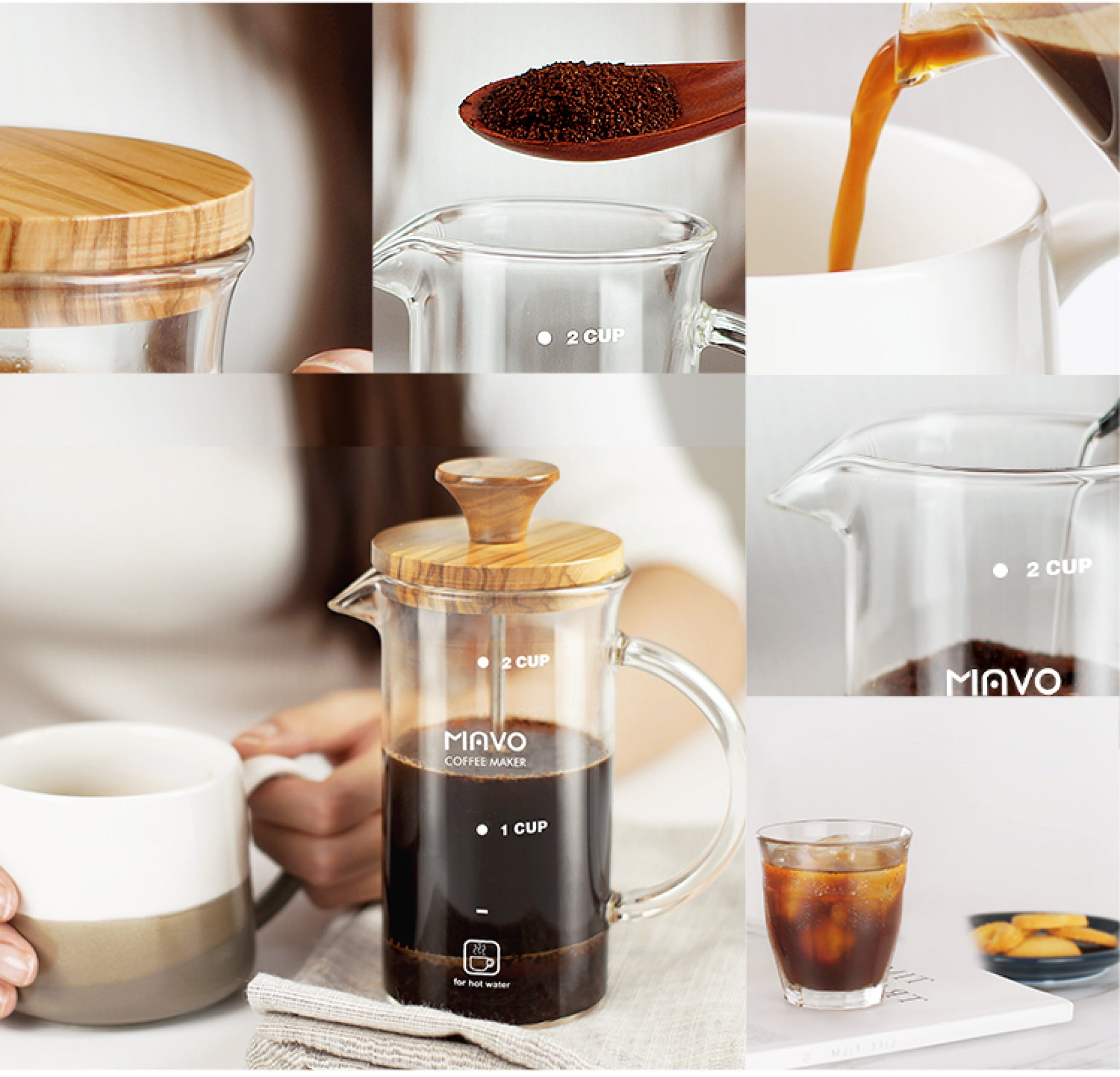 MAVO French Press Coffee Maker (Olive Wood Element) - Premium High Borosilicate Glass